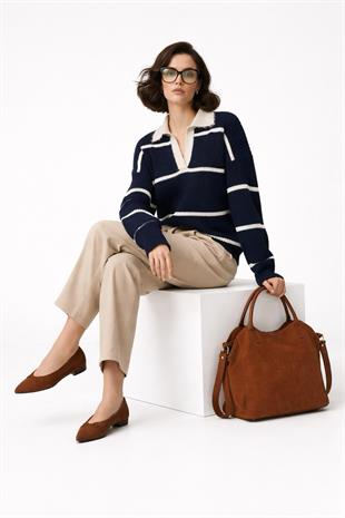 Lacivert Polo Yaka Çizgili Triko Kazak