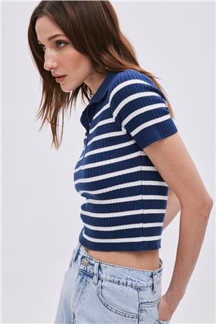 Navy Polo Neck Striped Knitwear Sweater