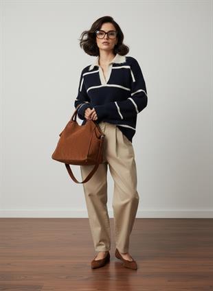 Lacivert Polo Yaka Çizgili Triko Kazak