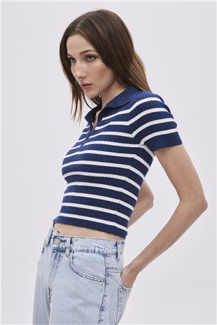 Navy Polo Neck Striped Knitwear Sweater