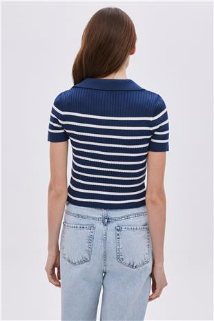 Navy Polo Neck Striped Knitwear Sweater