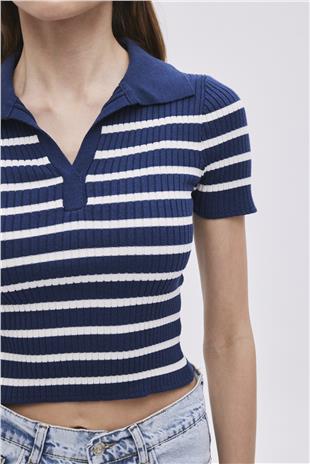 Navy Polo Neck Striped Knitwear Sweater