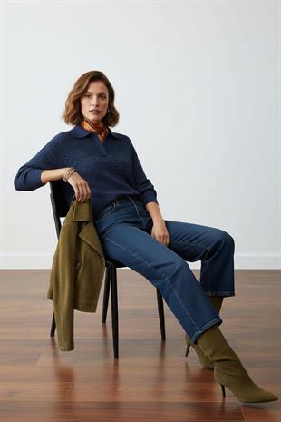 Lacivert Polo Yaka Oversize Triko Kazak