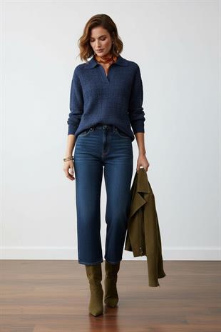 Lacivert Polo Yaka Oversize Triko Kazak