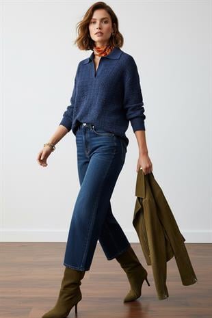 Lacivert Polo Yaka Oversize Triko Kazak