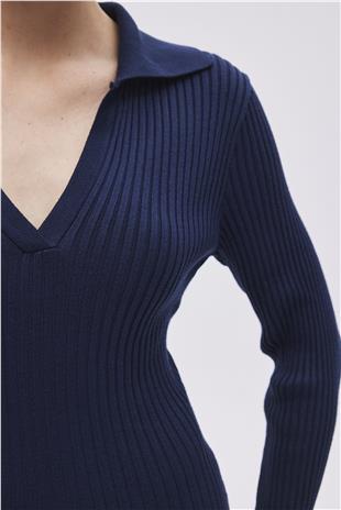 Navy Polo Neck Long Knitwear Dress