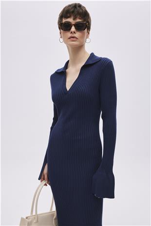 Navy Polo Neck Long Knitwear Dress