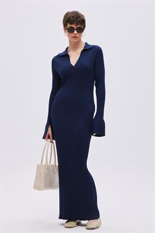 Navy Polo Neck Long Knitwear Dress