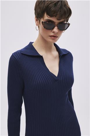 Navy Polo Neck Long Knitwear Dress