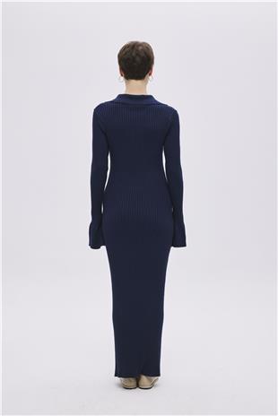 Navy Polo Neck Long Knitwear Dress