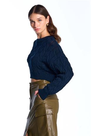 Lacivert Saç Örgülü Crop Triko Kazak