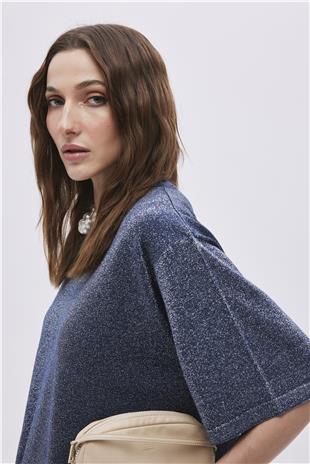 Lacivert Simli Oversize Triko Kazak