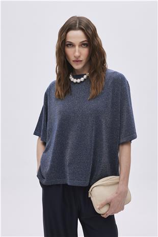 Lacivert Simli Oversize Triko Kazak