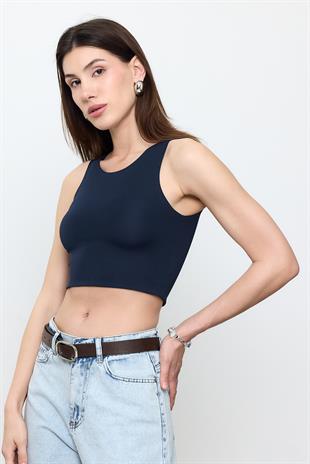 Lacivert Slimfit Crop Top Bluz