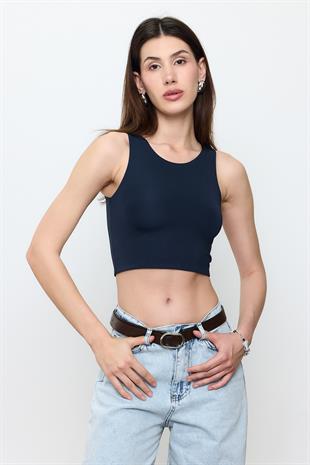 Lacivert Slimfit Crop Top Bluz
