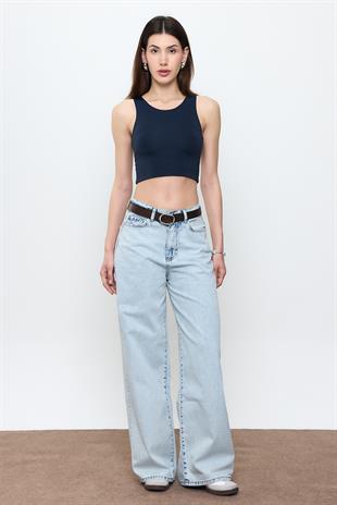 Lacivert Slimfit Crop Top Bluz