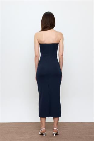 Lacivert Straplez Maxi Boy Elbise