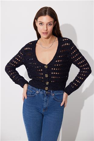 Navy V neck Ajour Cardigan SWC4675LA