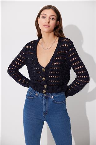 Navy V neck Ajour Cardigan SWC4675LA
