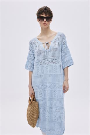 Blue Open Knit Oversize Knitwear Dress
