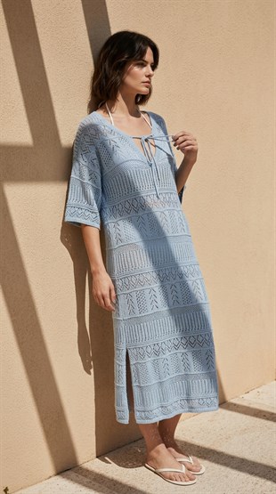 Mavi Ajurlu Oversize Triko Elbise