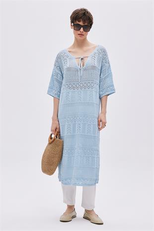 Blue Open Knit Oversize Knitwear Dress