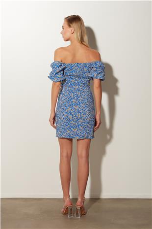 Blue Floral Balloon Sleeve Slim Fit Mini Dress SS23D4773MA