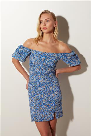 Blue Floral Balloon Sleeve Slim Fit Mini Dress SS23D4773MA