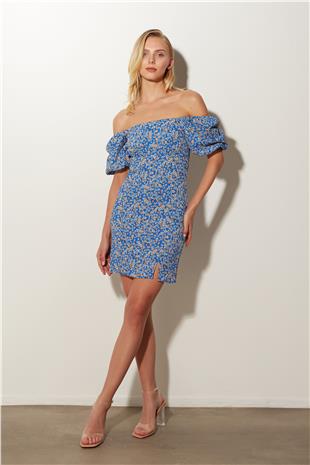 Blue Floral Balloon Sleeve Slim Fit Mini Dress SS23D4773MA