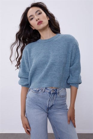 Blue Off Shoulder Knit Sweater SWK4496MA