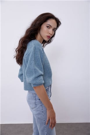 Blue Off Shoulder Knit Sweater SWK4496MA