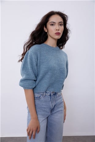 Blue Off Shoulder Knit Sweater SWK4496MA
