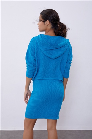 Blue Hooded Embossed Patterned Mini Skirt  Knit Set SWTK4515-16MA