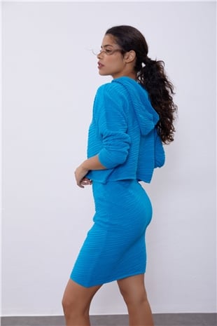 Blue Hooded Embossed Patterned Mini Skirt  Knit Set SWTK4515-16MA