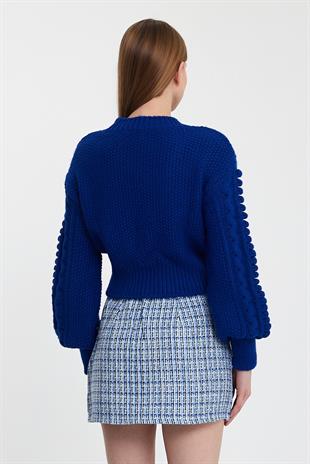 Blue Knitted Patterned Crew Neck Sweater