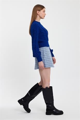 Blue Knitted Patterned Crew Neck Sweater
