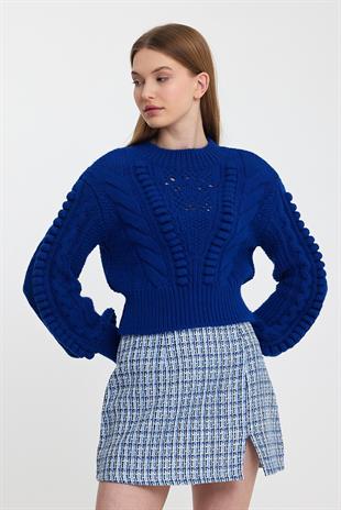 Blue Knitted Patterned Crew Neck Sweater