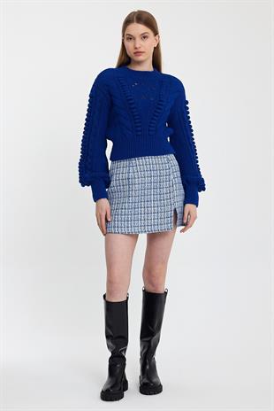 Blue Knitted Patterned Crew Neck Sweater