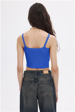Mavi Saç Örgülü Triko Crop Top