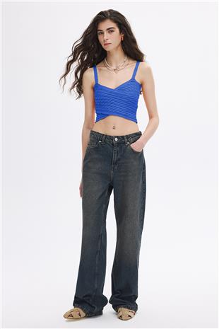 Mavi Saç Örgülü Triko Crop Top
