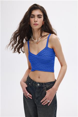Mavi Saç Örgülü Triko Crop Top