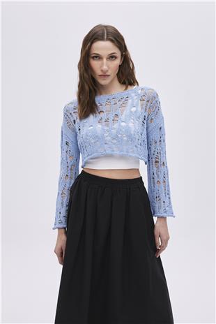 Blue Ripped Detailed Knitwear Crop
