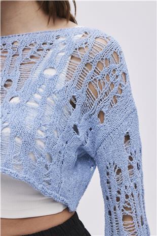 Blue Ripped Detailed Knitwear Crop
