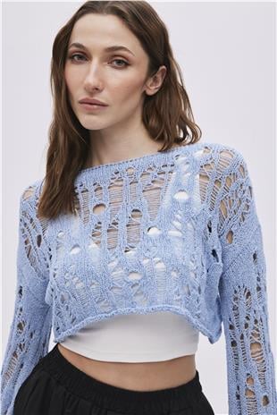 Blue Ripped Detailed Knitwear Crop