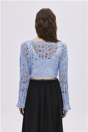 Blue Ripped Detailed Knitwear Crop