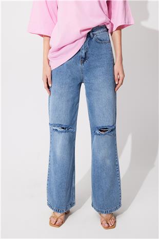 Blue High Waist  Ripped Knees Wide Leg Jeans SS23JP4745MA