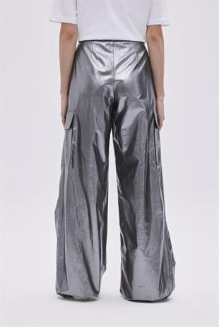 Metallic Grey Pleated Wide Leg Trousers
