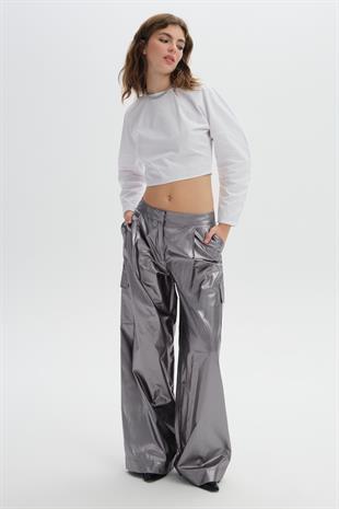 Metallic Grey Pleated Wide Leg Trousers