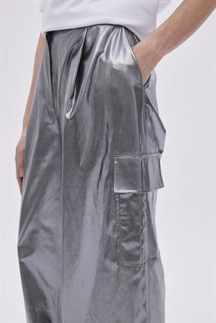 Metallic Grey Pleated Wide Leg Trousers