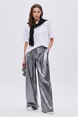 Metallic Grey Pleated Wide Leg Trousers